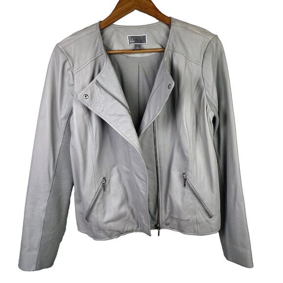 Chelsea28 Leather Moto Jacket Light Grey Full Zip Long Sleeve Cotton Lined sz L - Picture 1 of 16